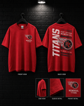 Memorial Vertical Titans Red Tee mockup in red, showing small chest graphic and large back graphic.