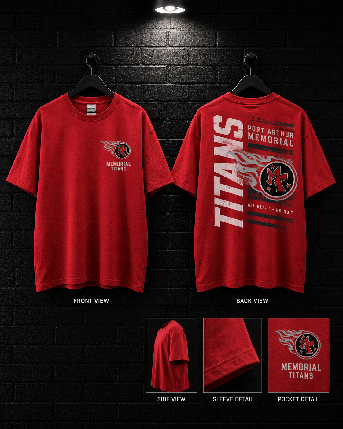 Memorial Vertical Titans Red Tee mockup in red, showing small chest graphic and large back graphic.