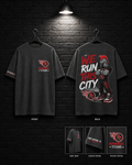 Memorial Titans We Run This City Tee mockup in charcoal, showing small chest graphic and large back graphic.