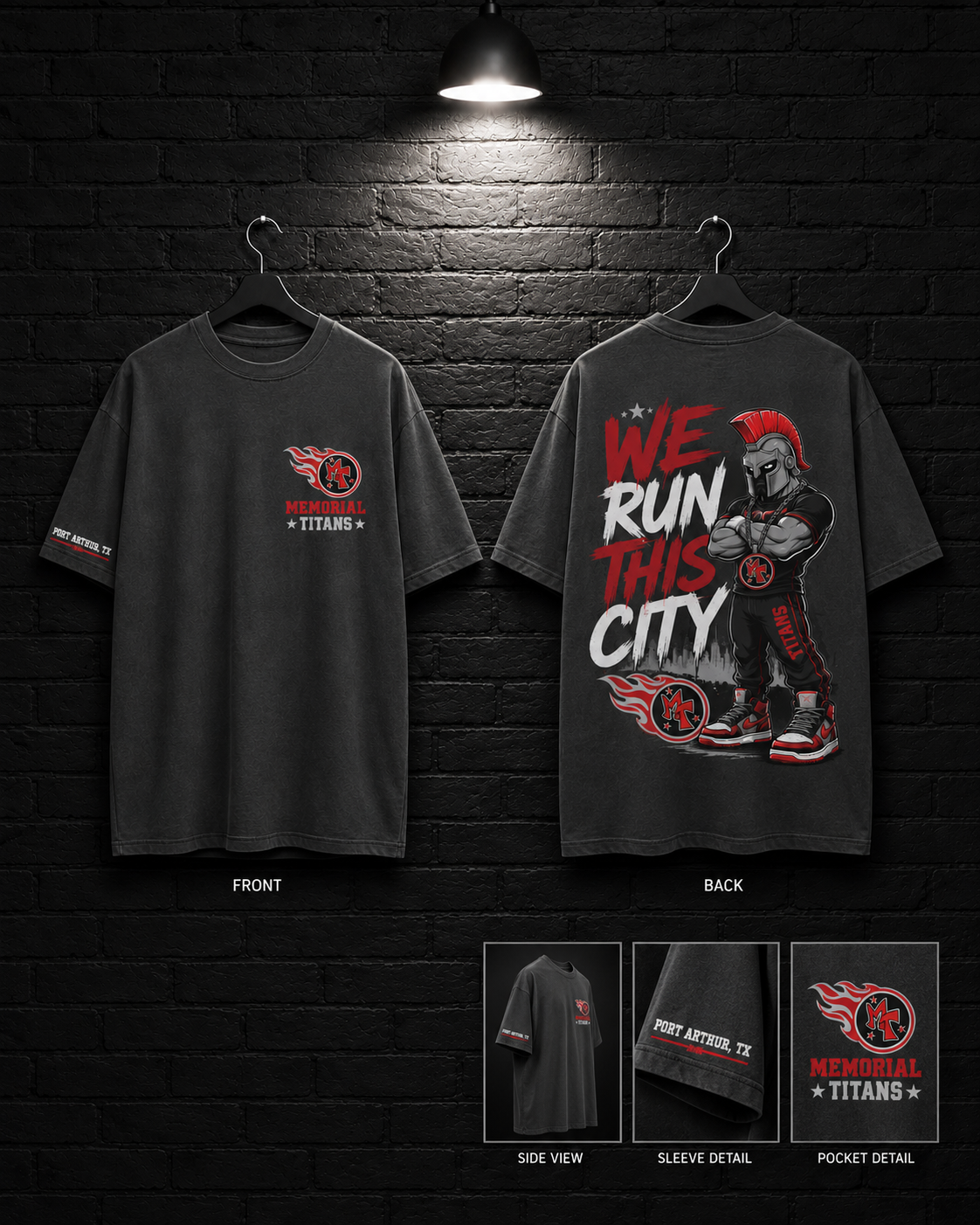 Memorial Titans We Run This City Tee mockup in charcoal, showing small chest graphic and large back graphic.