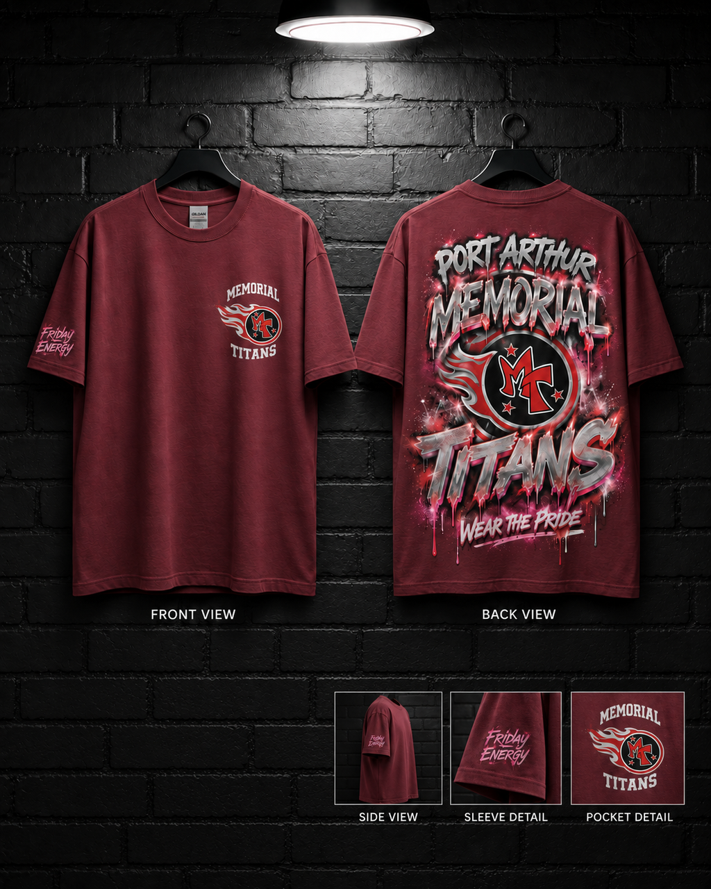 Port Arthur Memorial Wear the Pride Tee mockup in burgundy, showing small chest graphic and large back graphic.
