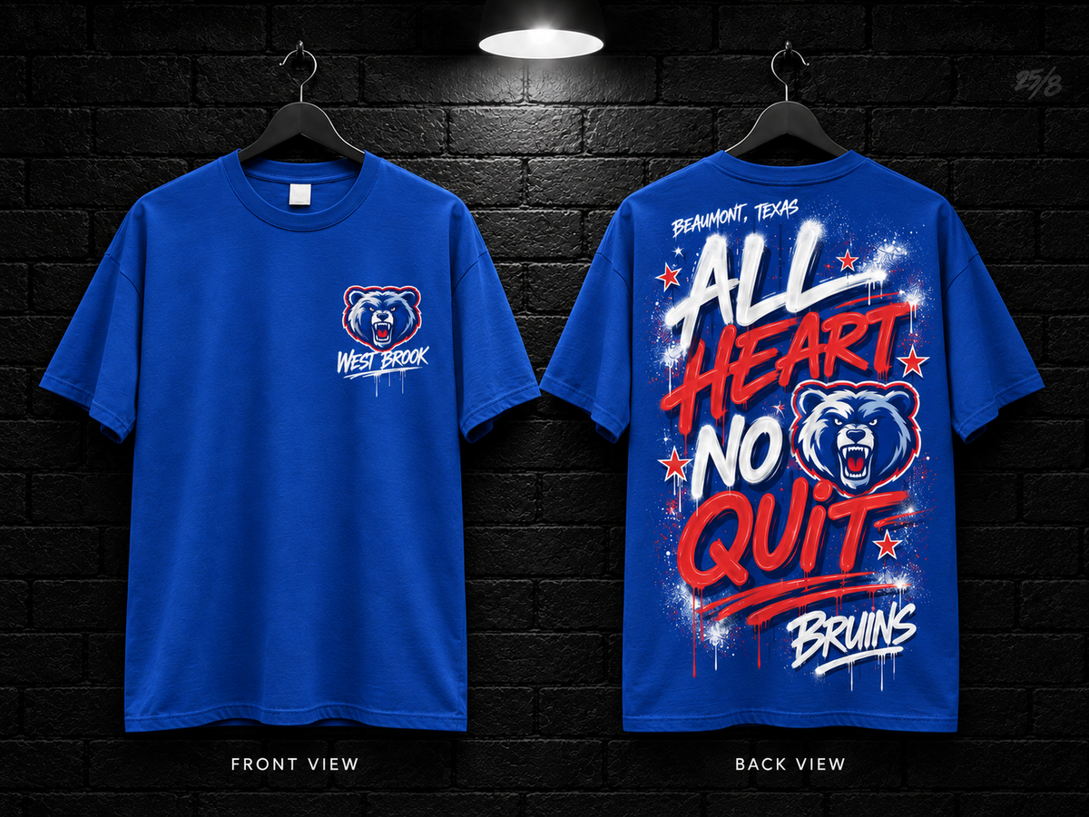 West Brook High School All Heart No Quit royal blue T-shirt mockup showing the front chest print and large back graphic, with unprinted sleeves.