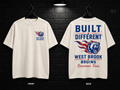 West Brook High School Built Different cream T-shirt mockup showing the front chest print and large back graphic, with unprinted sleeves.