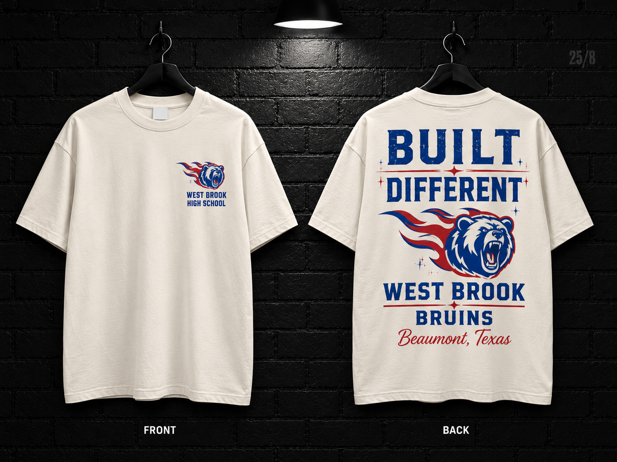 West Brook High School Built Different cream T-shirt mockup showing the front chest print and large back graphic, with unprinted sleeves.