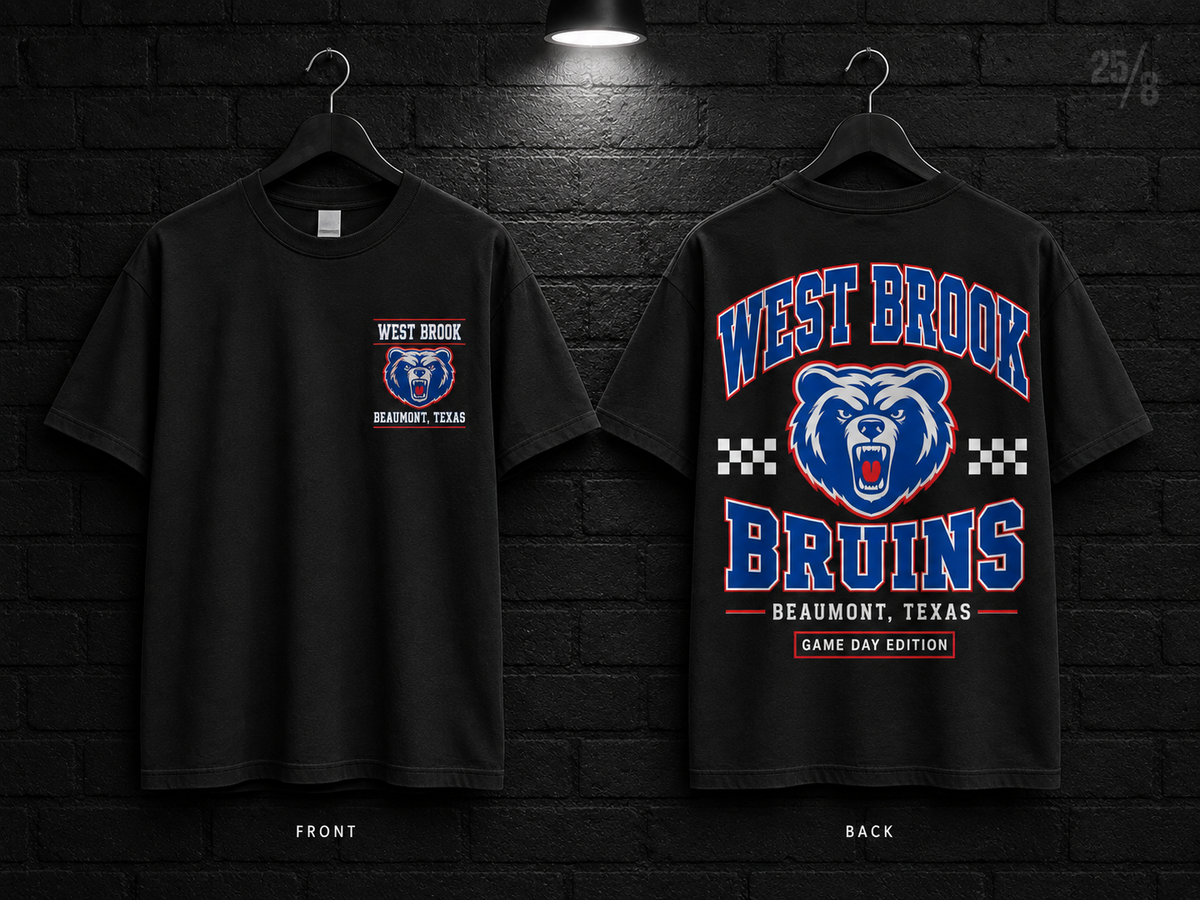 West Brook High School Checkerboard black T-shirt mockup showing the front chest print and large back graphic, with unprinted sleeves.