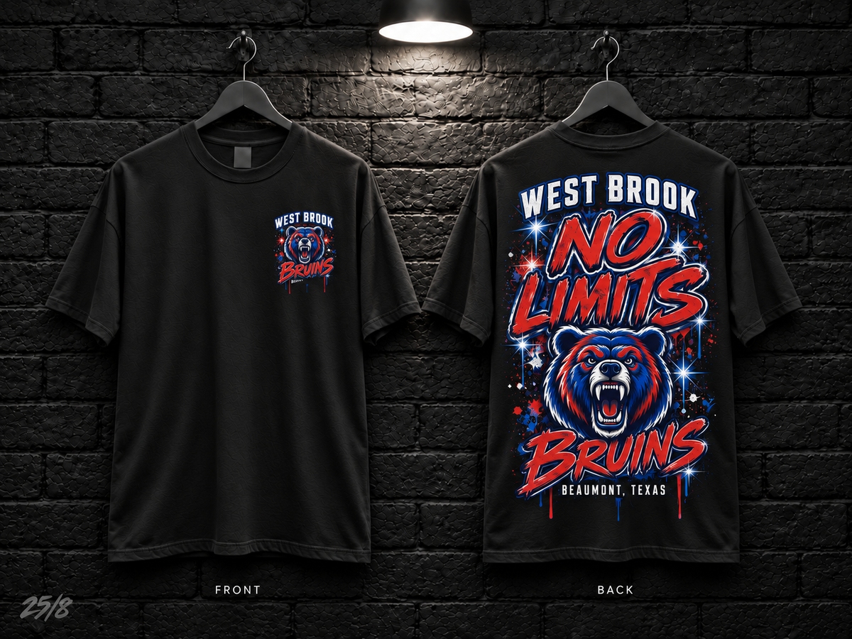 West Brook High School No Limits black T-shirt mockup showing the front chest print and large back graphic, with unprinted sleeves.