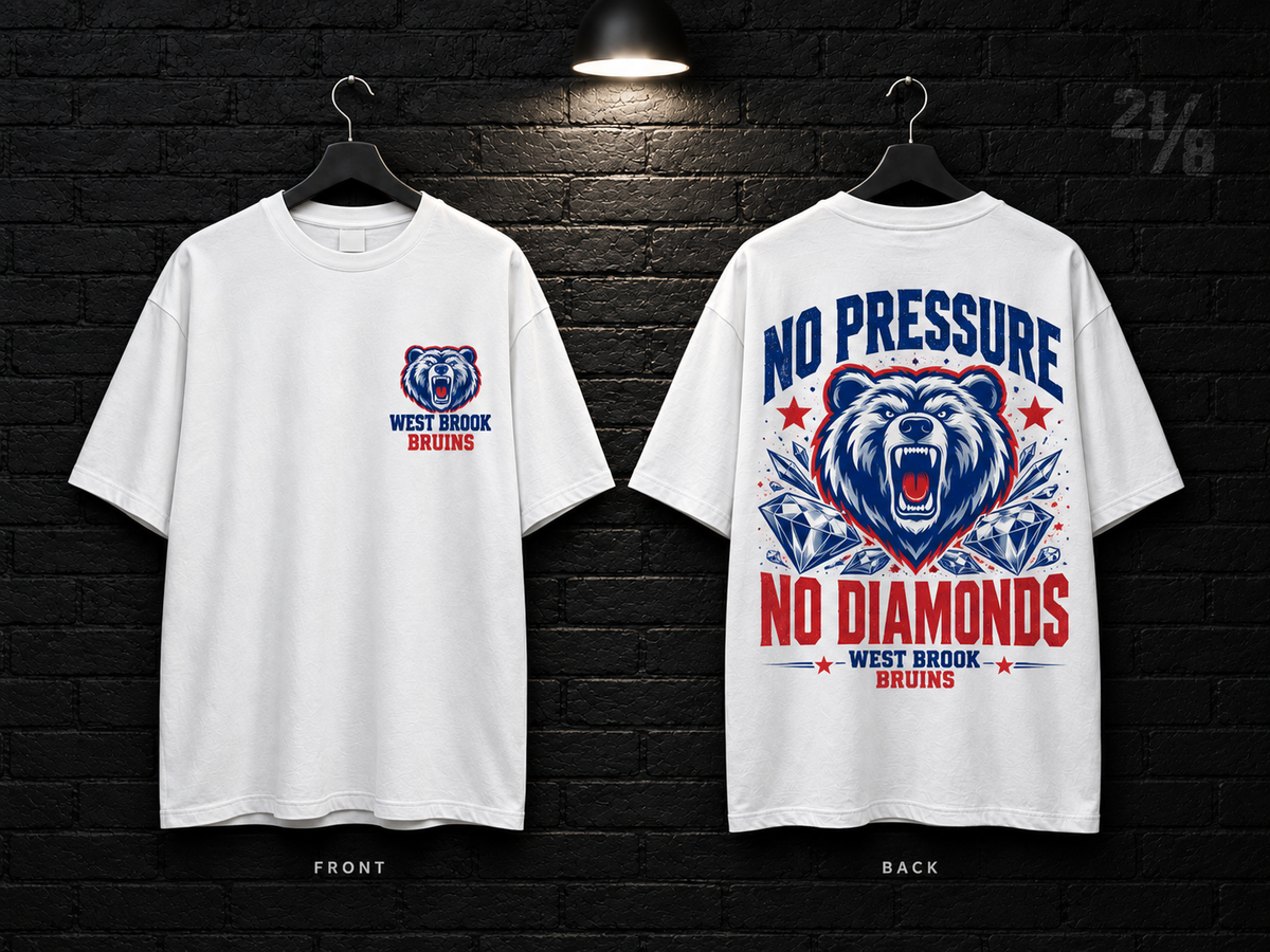 West Brook High School No Pressure No Diamonds white T-shirt mockup showing the front chest print and large back graphic, with unprinted sleeves.