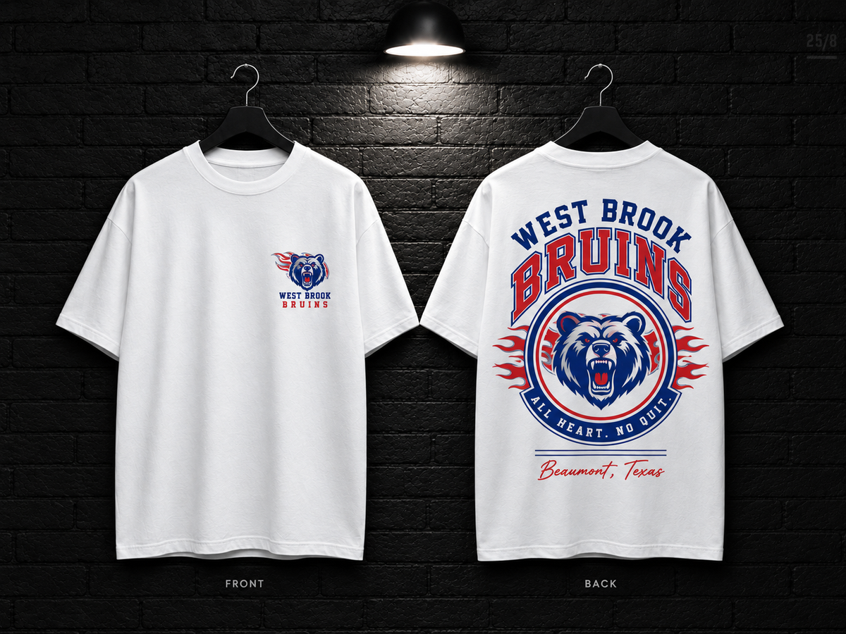 West Brook High School Round Crest white T-shirt mockup showing the front chest print and large back graphic, with unprinted sleeves.