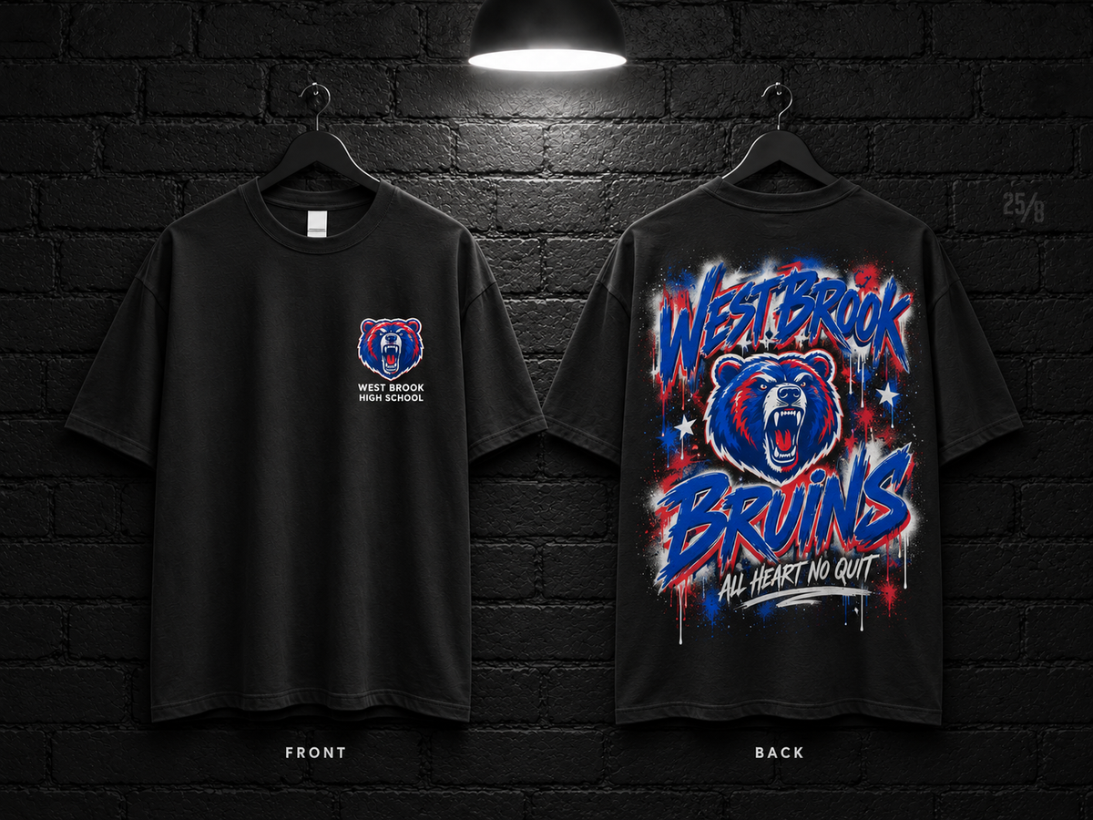 West Brook High School School Script black T-shirt mockup showing the front chest print and large back graphic, with unprinted sleeves.
