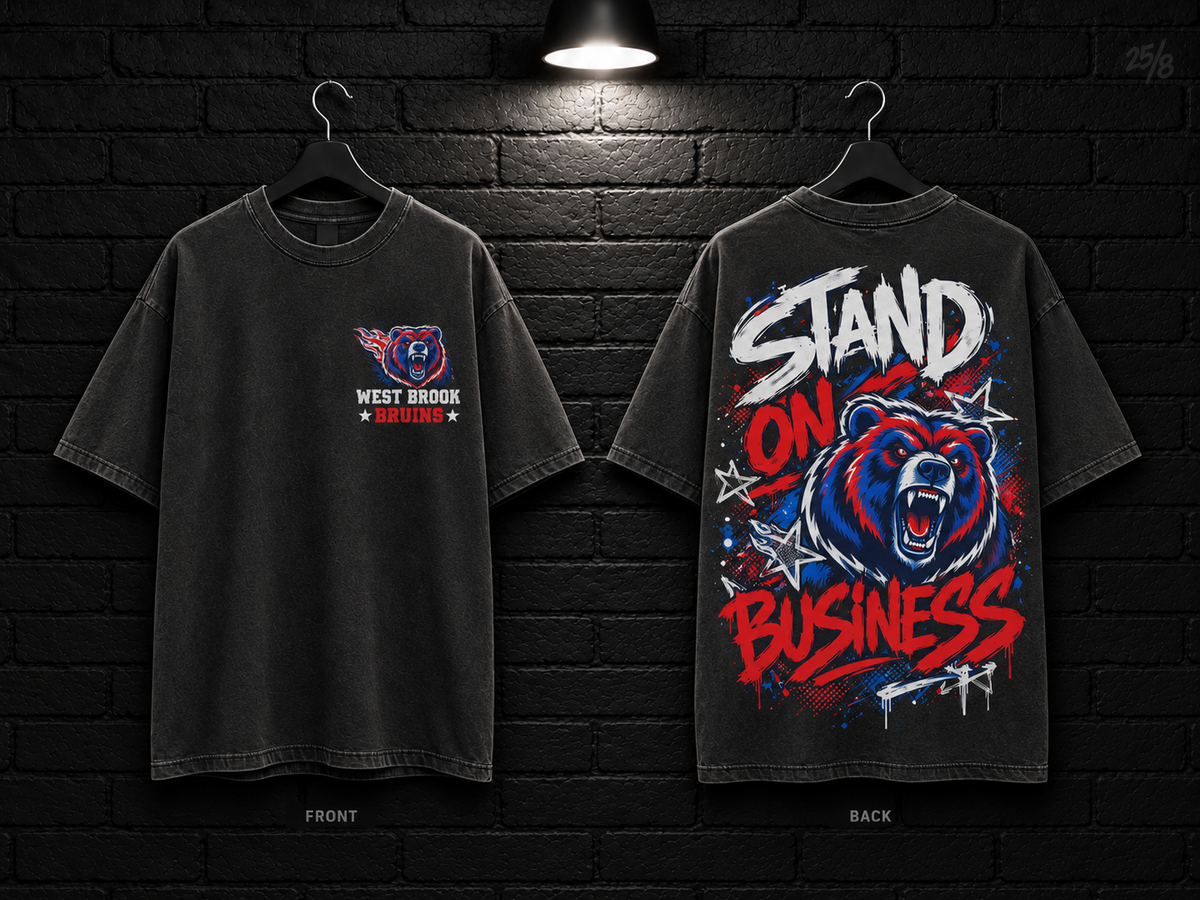 West Brook High School Stand on Business washed charcoal T-shirt mockup showing the front chest print and large back graphic, with unprinted sleeves.