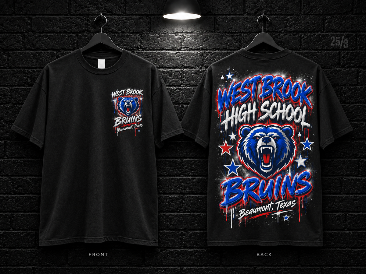 West Brook High School Star Graphic black T-shirt mockup showing the front chest print and large back graphic, with unprinted sleeves.