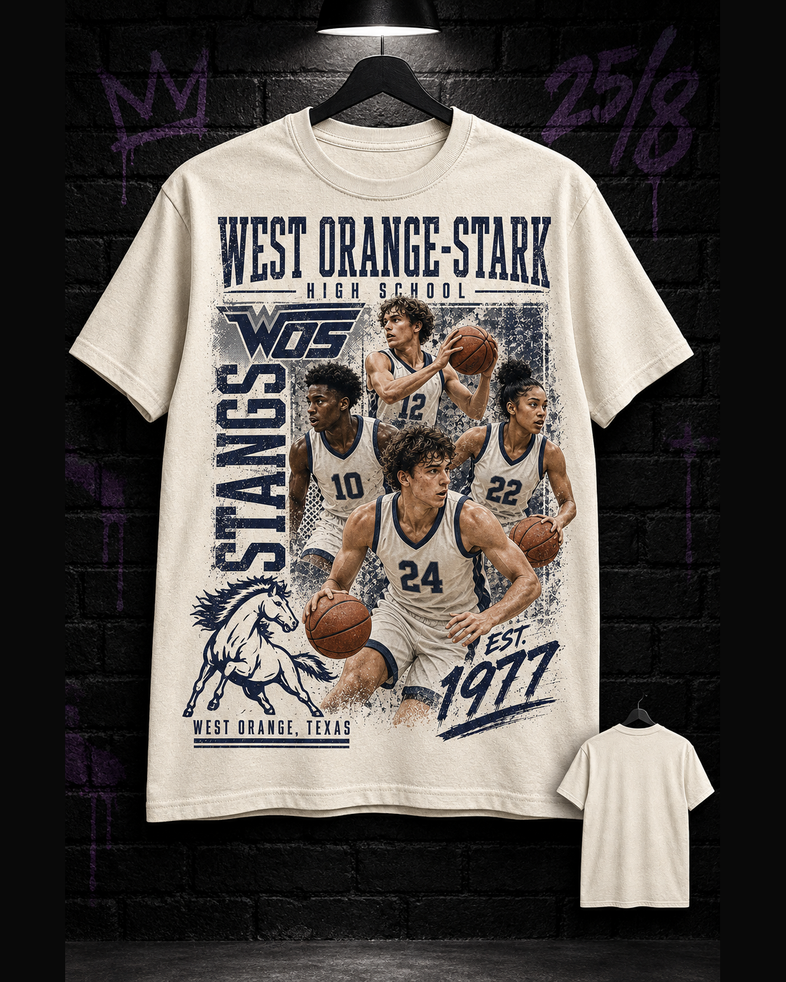 West Orange-Stark Mustangs basketball collage natural tee 25/8 mockup