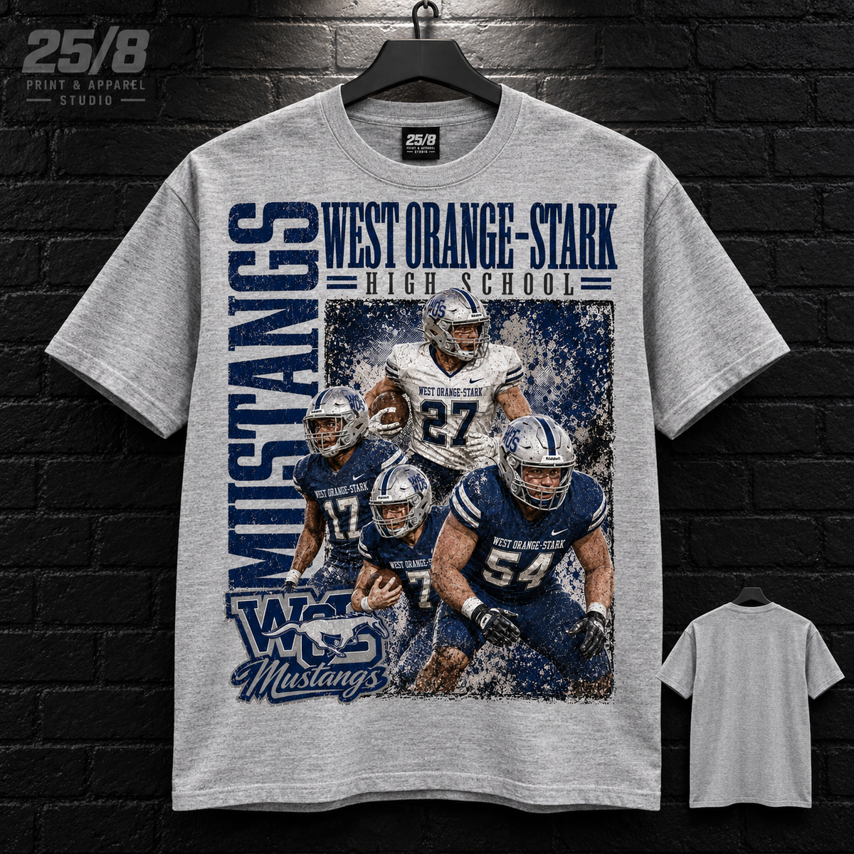 West Orange-Stark High School Mustangs Football Legacy heather gray T-shirt mockup with plain back view.