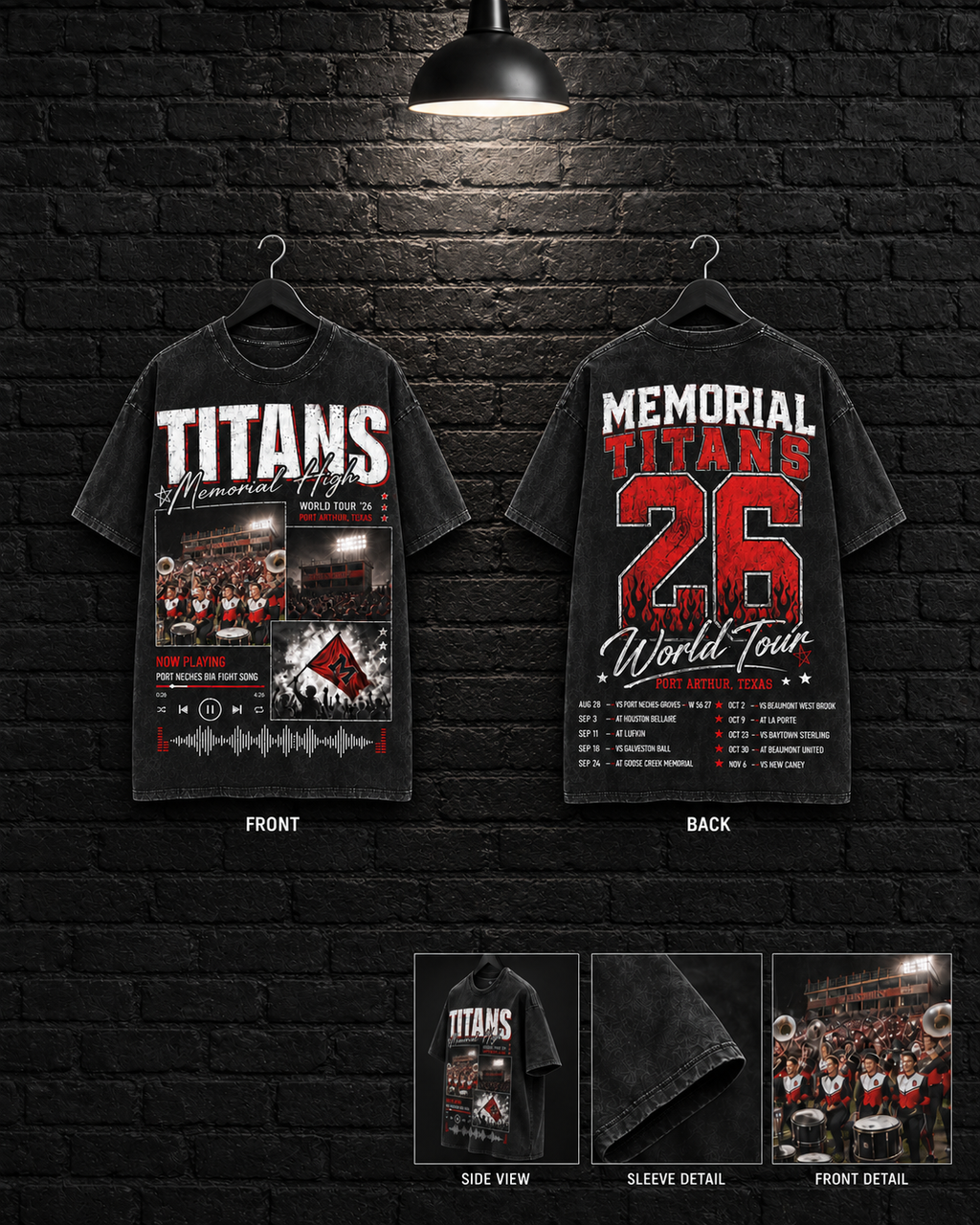 Memorial Titans 26 World Tour Collage Tee mockup in black / washed-black appearance, showing front and back statement graphics.