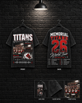 Memorial Titans 26 World Tour Collage Tee mockup in black / washed-black appearance, showing front and back statement graphics.