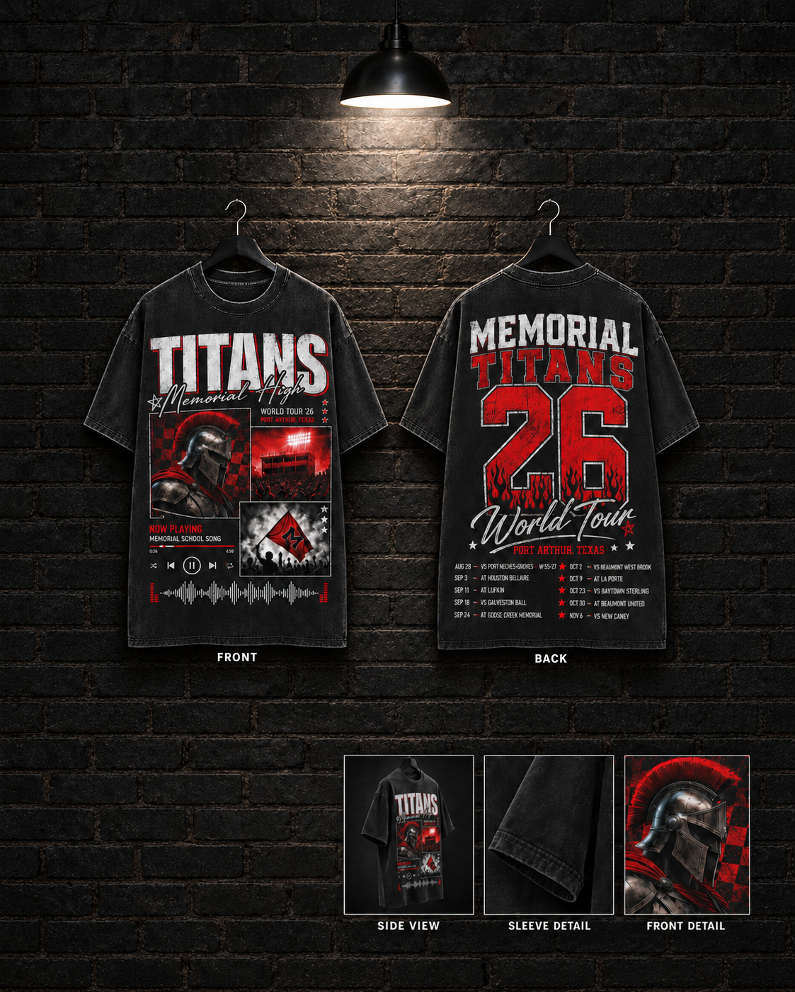 Memorial Titans 26 World Tour Helmet Tee mockup in black / washed-black appearance, showing front and back statement graphics.