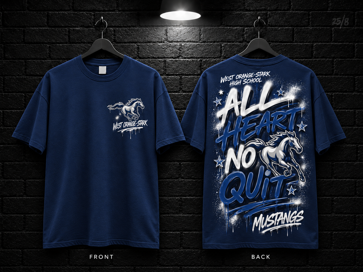 West Orange-Stark High School All Heart No Quit navy T-shirt mockup showing the front chest print and large back graphic, with unprinted sleeves.