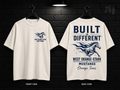 West Orange-Stark High School Built Different cream T-shirt mockup showing the front chest print and large back graphic, with unprinted sleeves.