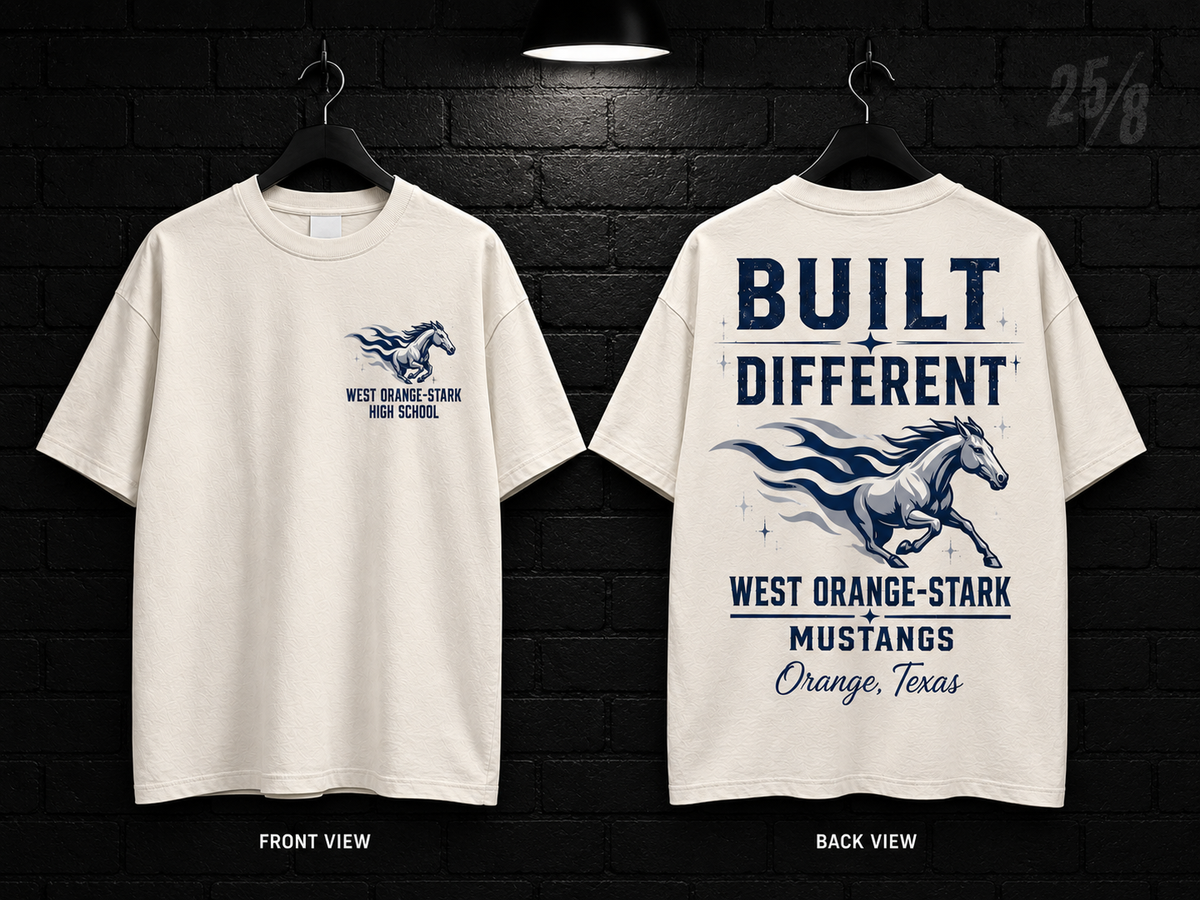 West Orange-Stark High School Built Different cream T-shirt mockup showing the front chest print and large back graphic, with unprinted sleeves.