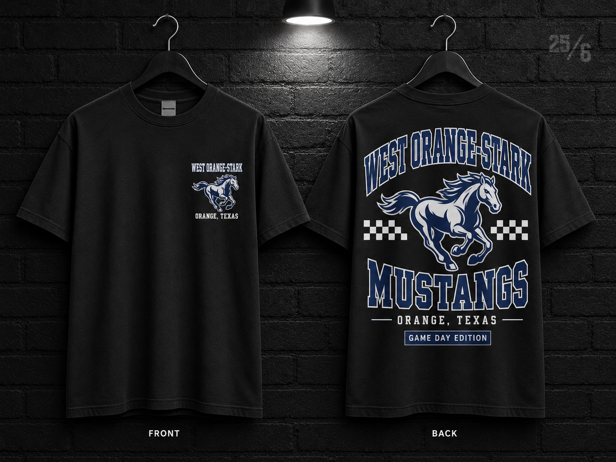 West Orange-Stark High School Checkerboard black T-shirt mockup showing the front chest print and large back graphic, with unprinted sleeves.