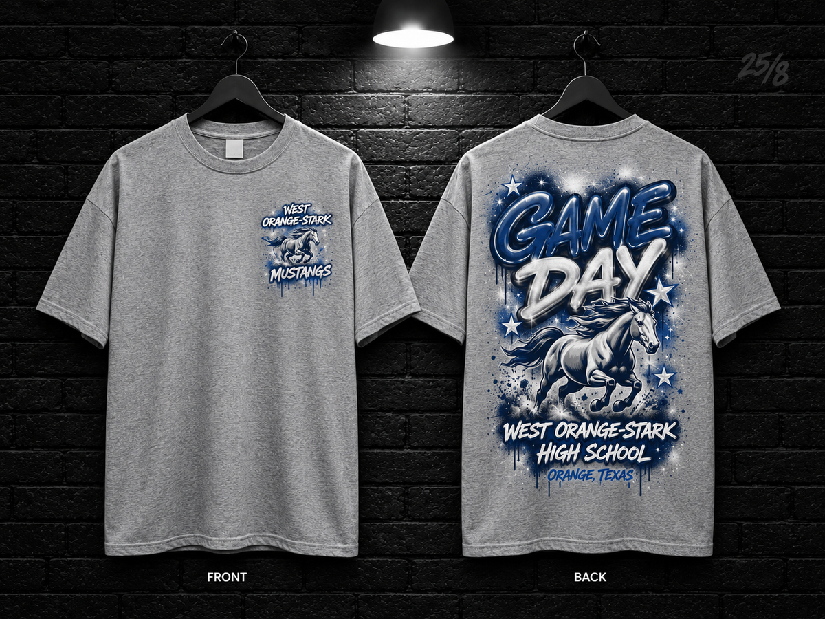 West Orange-Stark High School Game Day Graffiti heather gray T-shirt mockup showing the front chest print and large back graphic, with unprinted sleeves.