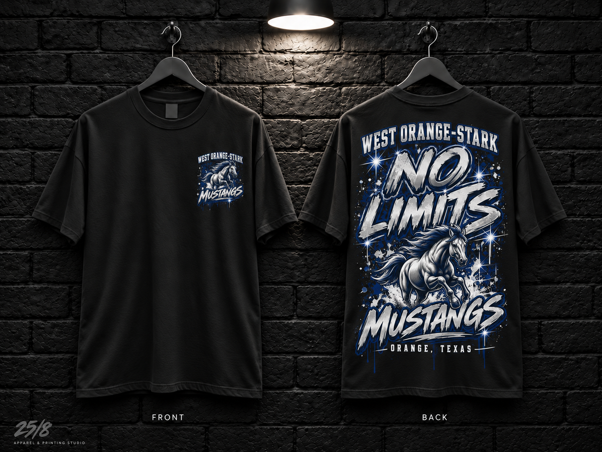 West Orange-Stark High School No Limits black T-shirt mockup showing the front chest print and large back graphic, with unprinted sleeves.