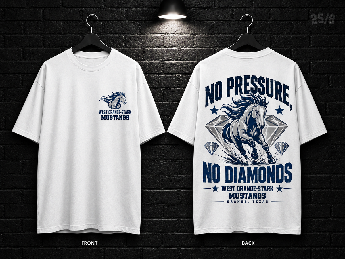 West Orange-Stark High School No Pressure No Diamonds white T-shirt mockup showing the front chest print and large back graphic, with unprinted sleeves.