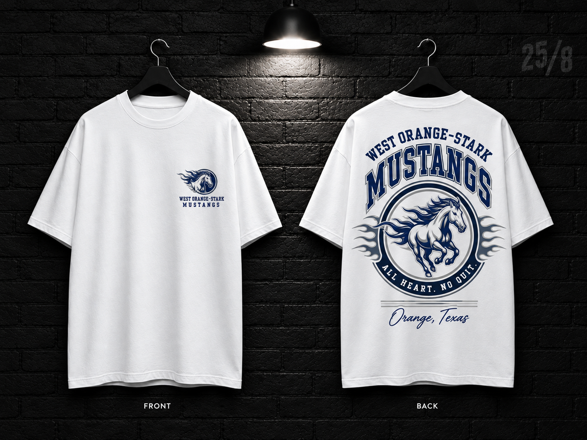 West Orange-Stark High School Round Crest white T-shirt mockup showing the front chest print and large back graphic, with unprinted sleeves.