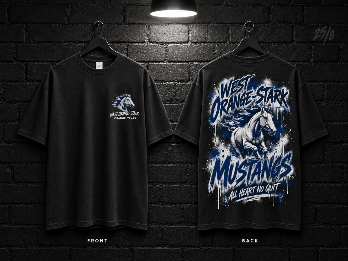 West Orange-Stark High School School Script black T-shirt mockup showing the front chest print and large back graphic, with unprinted sleeves.