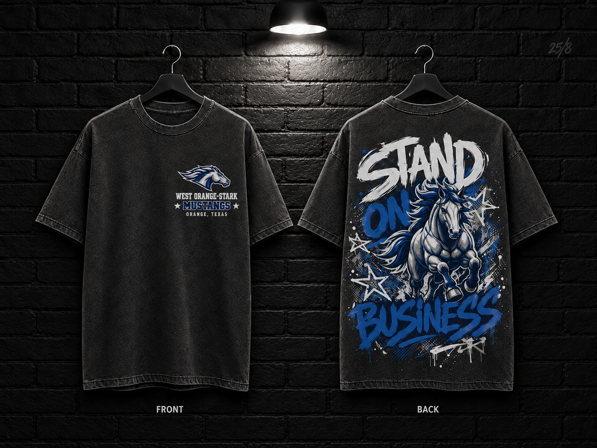 West Orange-Stark High School Stand on Business washed charcoal T-shirt mockup showing the front chest print and large back graphic, with unprinted sleeves.