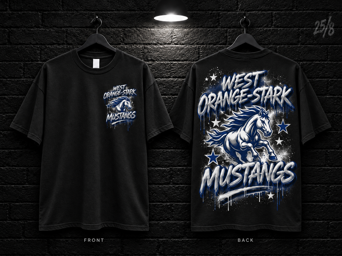 West Orange-Stark High School Star Graphic black T-shirt mockup showing the front chest print and large back graphic, with unprinted sleeves.